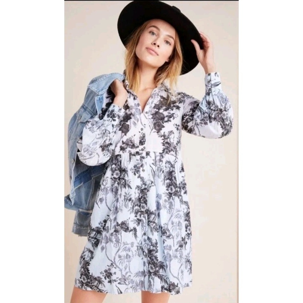 Anthropologie Lavinia Penny Lane Floral Embroidered Ombre Shirt Dress Y2K Size 6